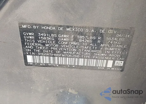 2015 Honda Fit Ex/Ex-L from USA, damaged, VIN 3HGGK5H86FM706266
